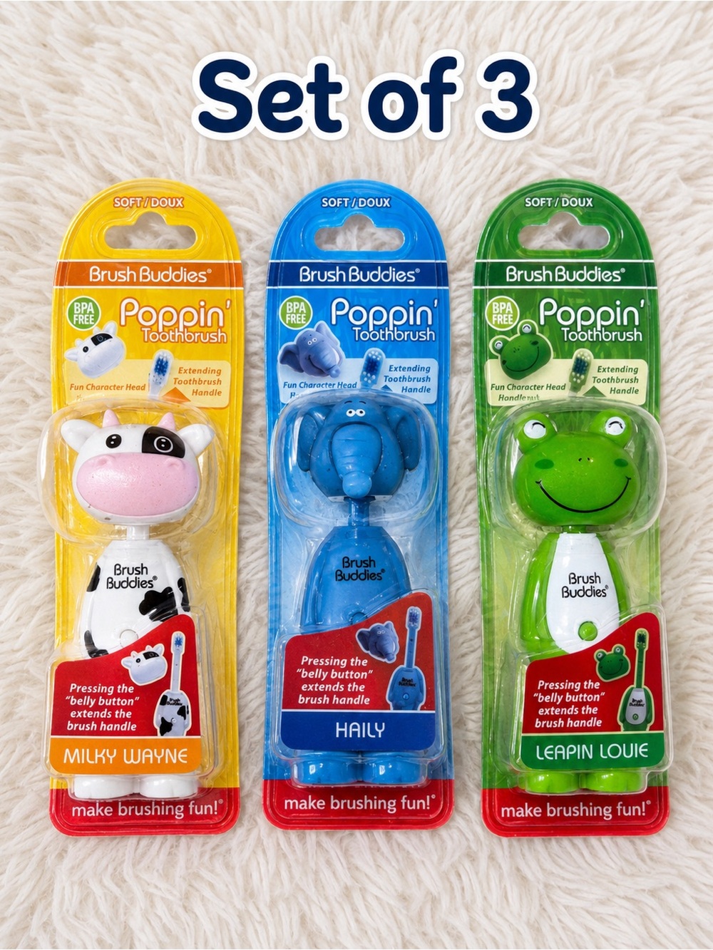 Set of 3  Poppin' Kids Toothbrush ~ Cow, Elephant, and Frog